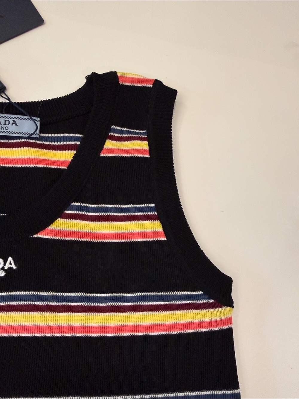 Prada Black Striped Knit Tank Top with Pink, Yellow & Blue Stripes - Picture 7 of 13